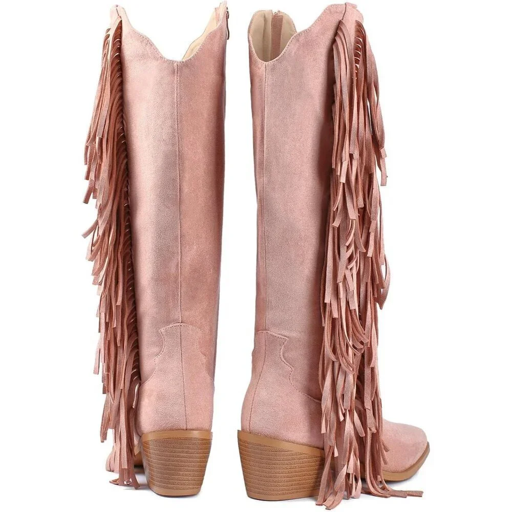 Women Pink Synthetic Fringe Tassels Pointed Toe Knee High Western Cowgirl Boots